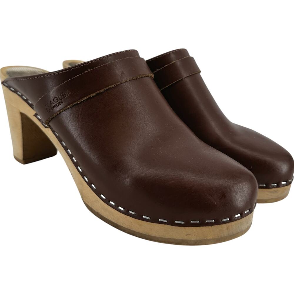 Maguba Berkeley Clogs Leather Wooden Heels Slip On Swedish Chocolate Brown 10